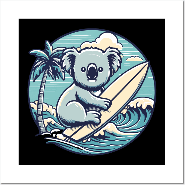 Koala with a surfboard on the beach, koala bear in summer vacation, kawaii koala lover design Wall Art by Nora Liak